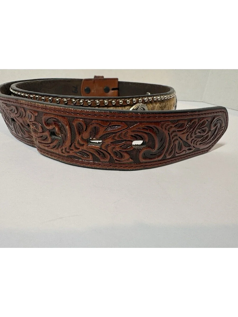 3D Belt Co Mens Western Sz 38 Handcrafted Leather Hide Studs Cross Conchos